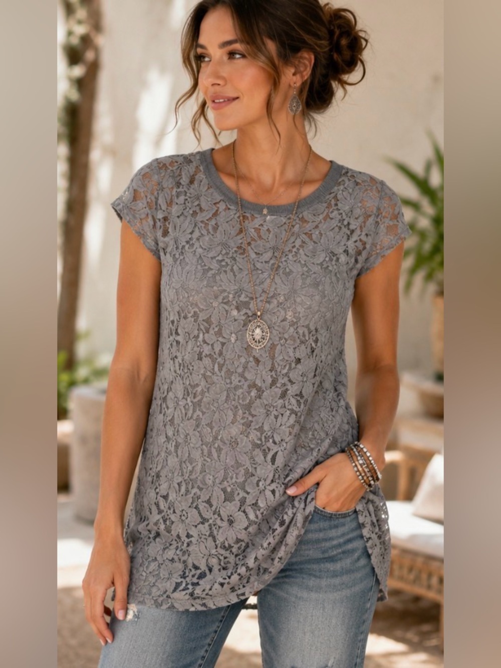 H by Halston Gray Floral Lace Tunic Top Women’s Medium Sheer Boho Cottagecore